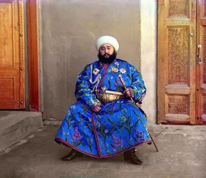 Alim Khan, Emir of Bukhara, Seated Holding Sword